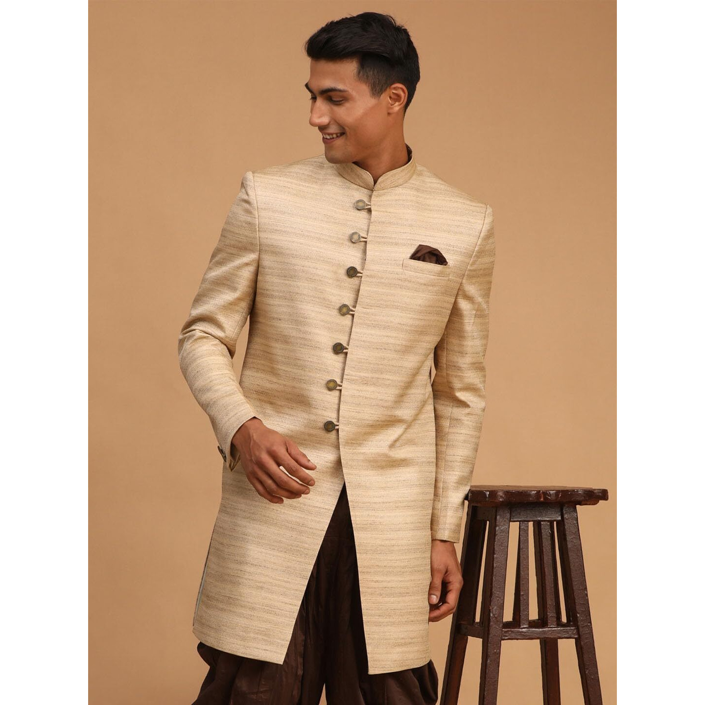 VASTRAMAY Men's Beige Silk Blend Sherwani Only Top-GT56_VASMIW032BG_36