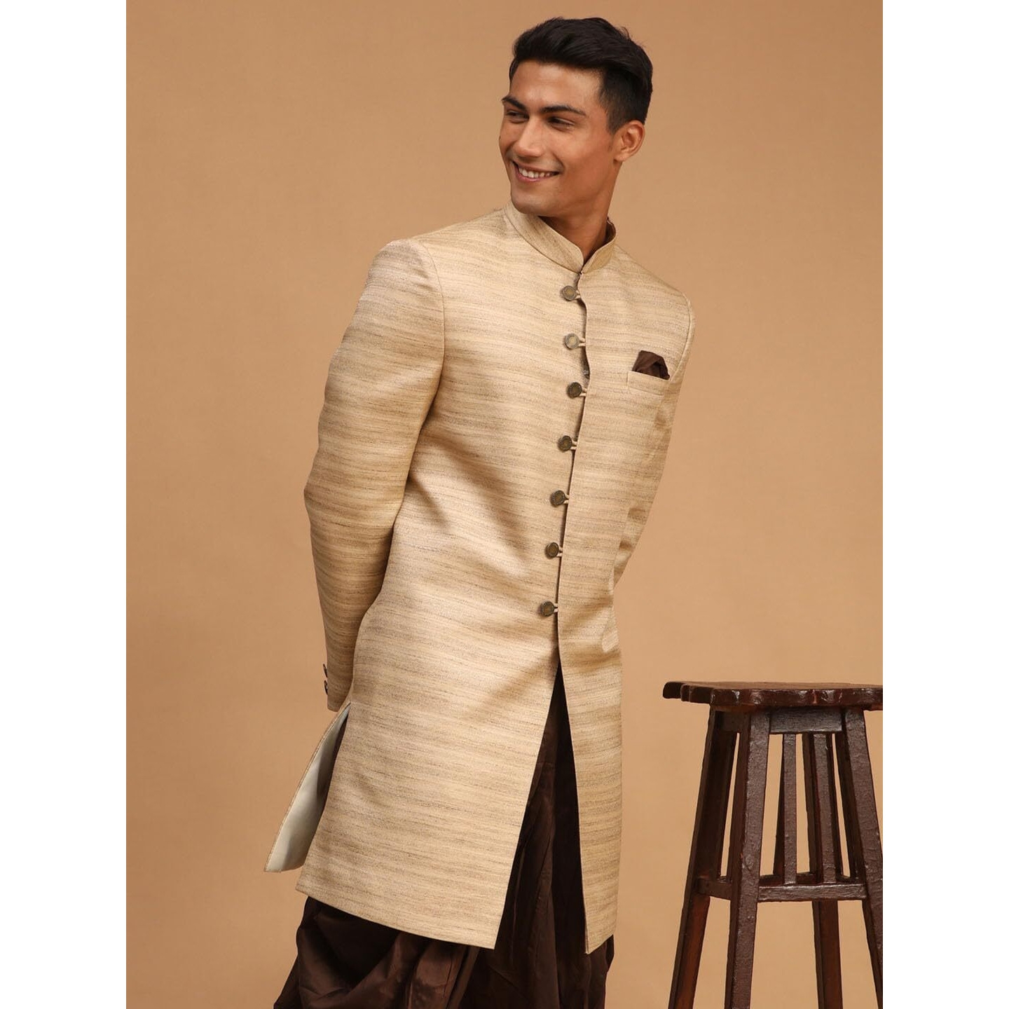 VASTRAMAY Men's Beige Silk Blend Sherwani Only Top-GT56_VASMIW032BG_36