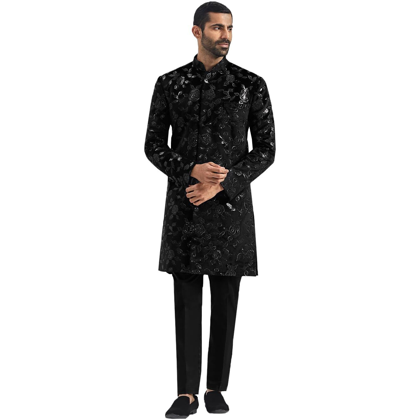VASTRAMAY Men's Black Velvet Sherwani Set, Velvet Embroidered Sequiend Indo western and Pant Set for Men for Weddings & Festivals, Traditional Ethnic Wear Outfit