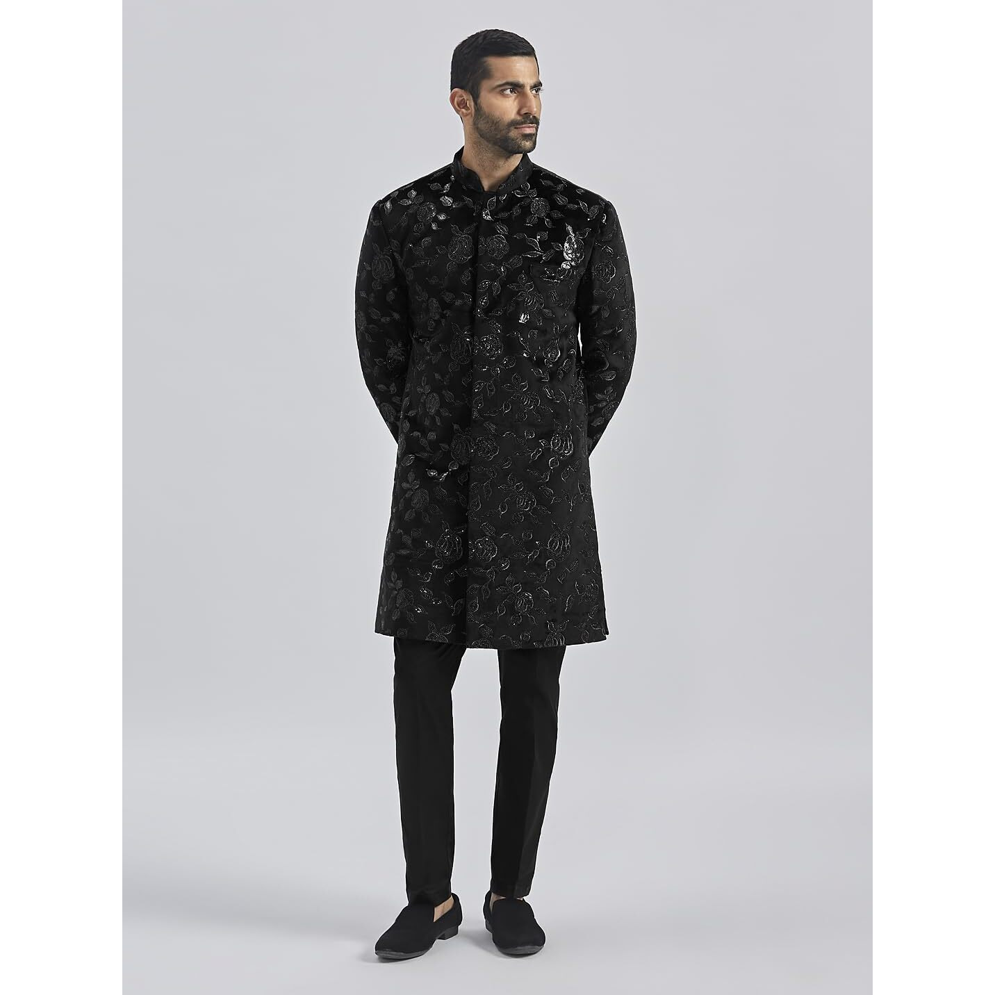 VASTRAMAY Men's Black Velvet Sherwani Set, Velvet Embroidered Sequiend Indo western and Pant Set for Men for Weddings & Festivals, Traditional Ethnic Wear Outfit