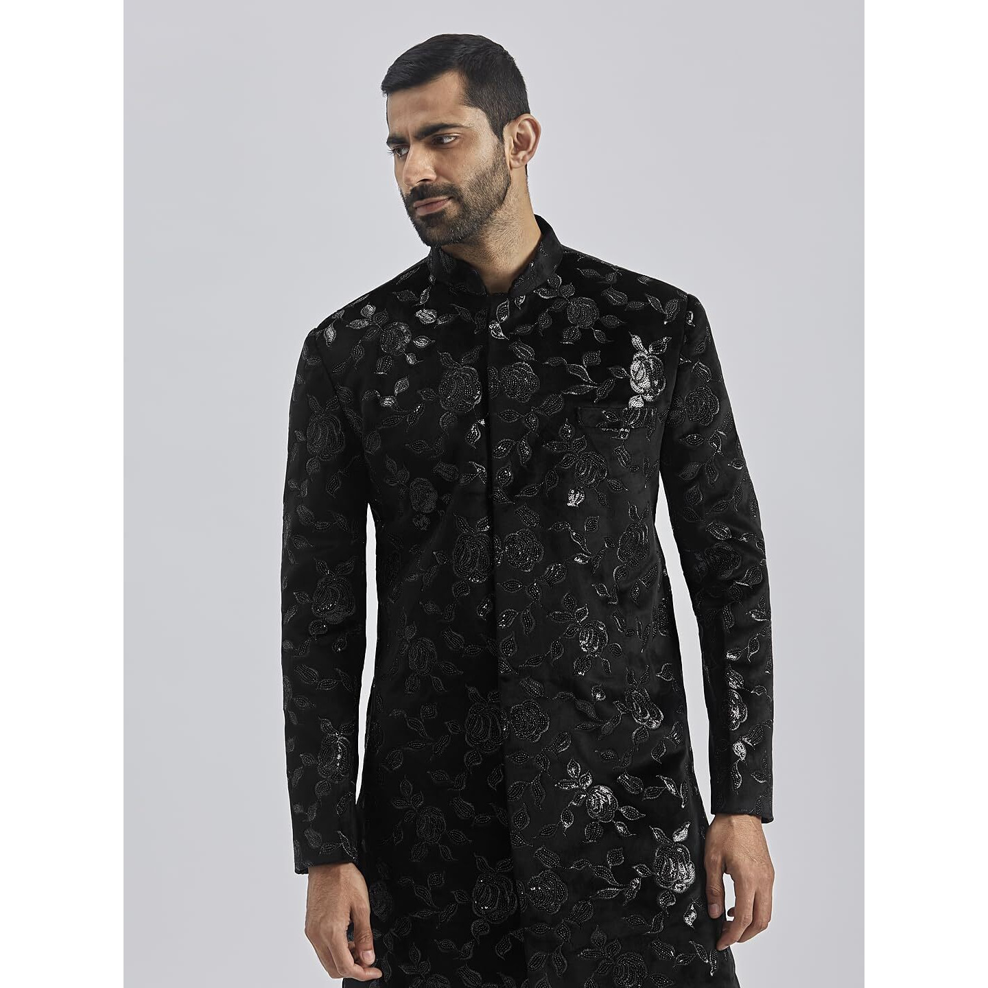VASTRAMAY Men's Black Velvet Sherwani Set, Velvet Embroidered Sequiend Indo western and Pant Set for Men for Weddings & Festivals, Traditional Ethnic Wear Outfit