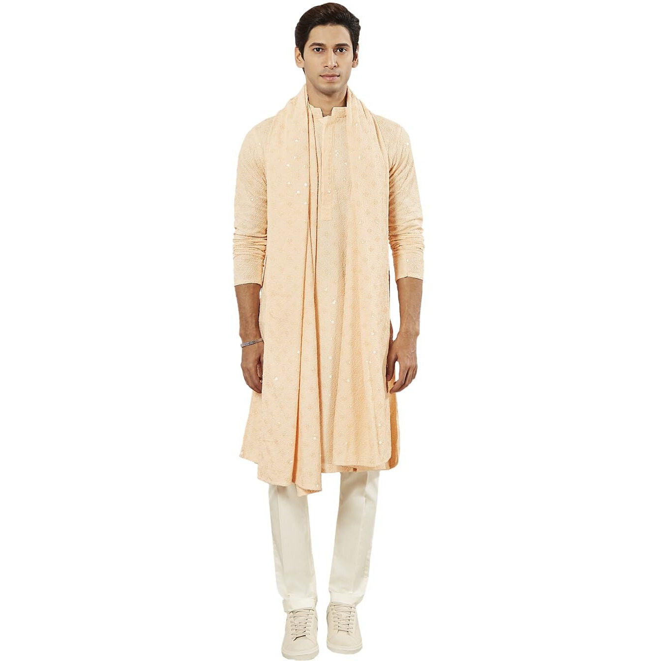 VASTRAMAY Men's Peach Rayon Kurta Pyjama And Dupatta Set - Rayon Schiffily Embroidery Kurta Pyjama And Dupatta Set For Men.