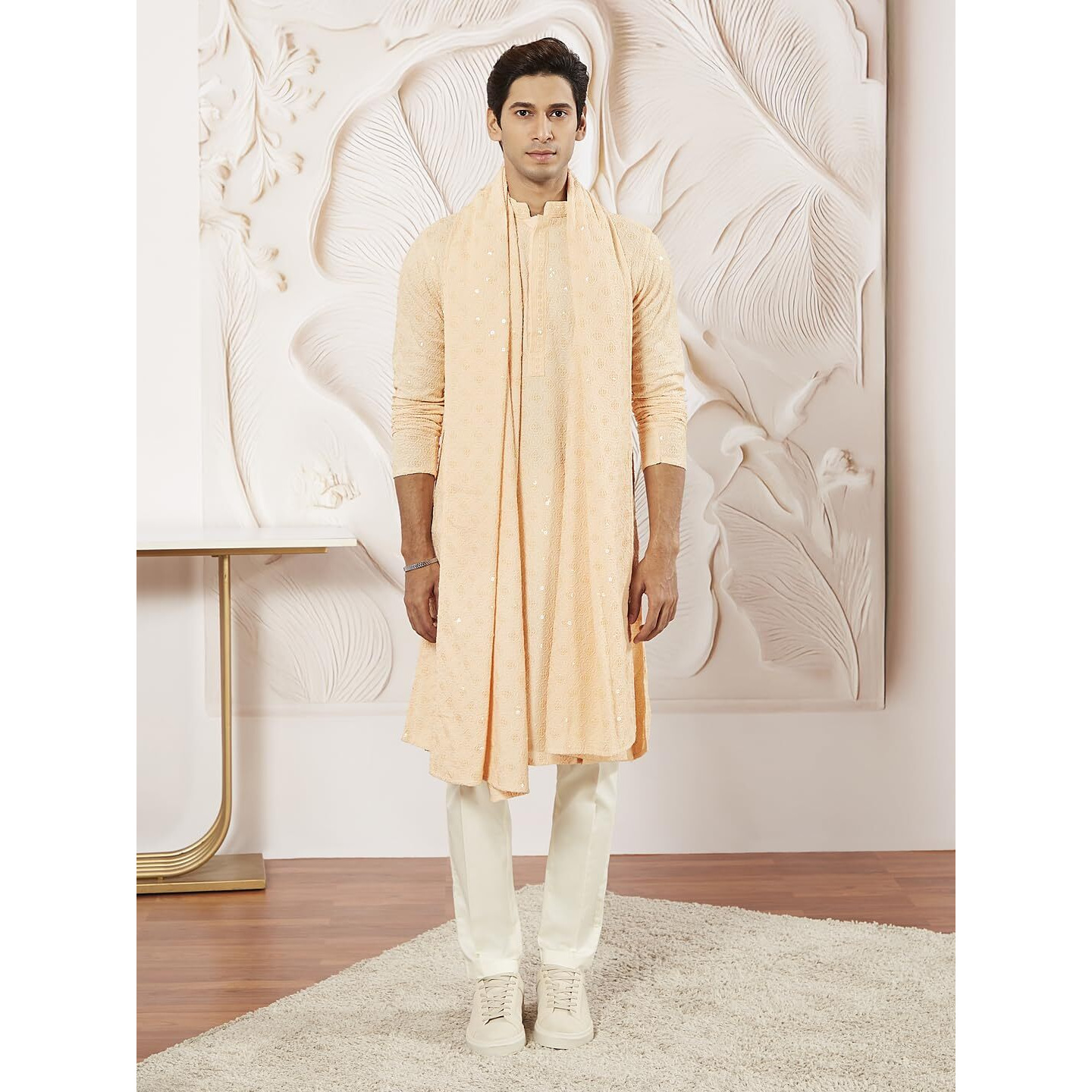 VASTRAMAY Men's Peach Rayon Kurta Pyjama And Dupatta Set - Rayon Schiffily Embroidery Kurta Pyjama And Dupatta Set For Men.