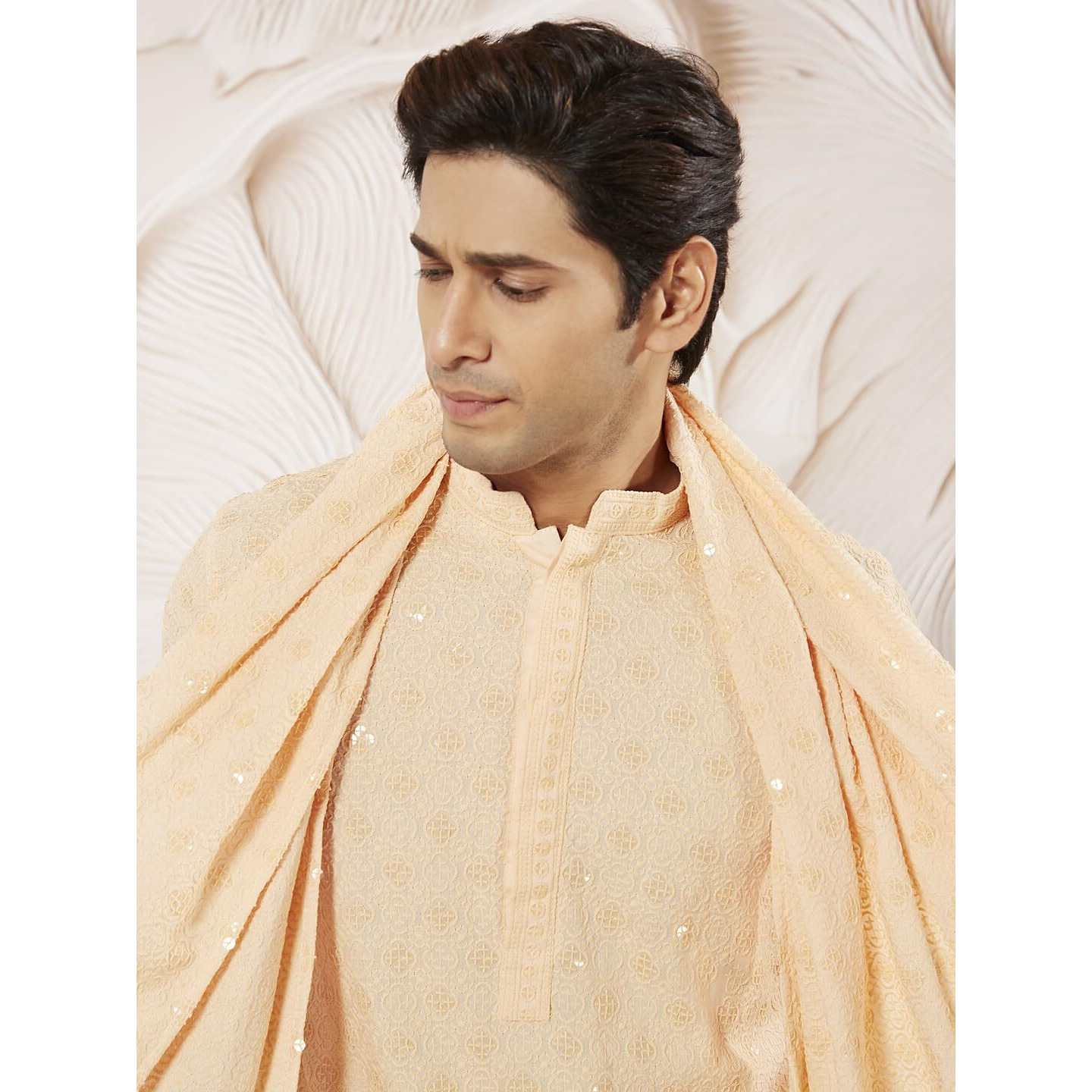 VASTRAMAY Men's Peach Rayon Kurta Pyjama And Dupatta Set - Rayon Schiffily Embroidery Kurta Pyjama And Dupatta Set For Men.