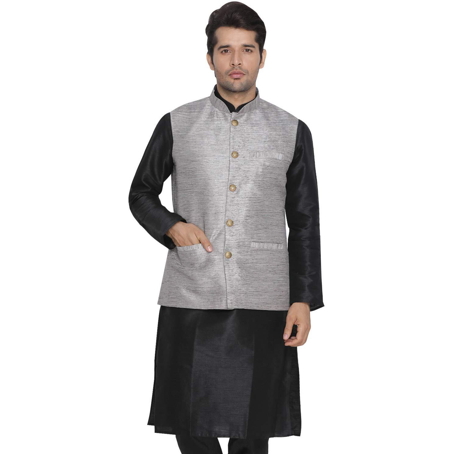 VASTRAMAY Men Grey Cotton Silk Modi Nehru Jacket (VASMJ020GY_42)