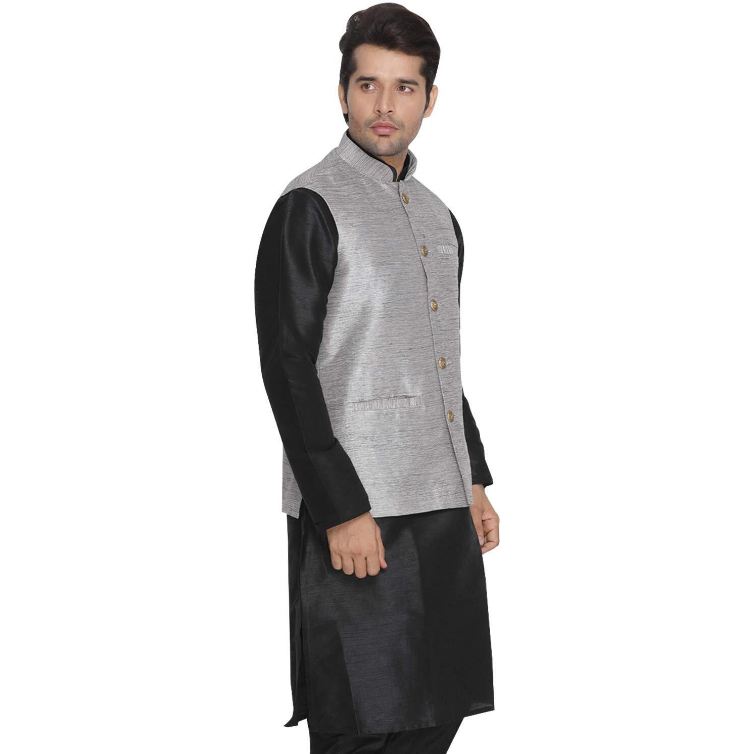 VASTRAMAY Men Grey Cotton Silk Modi Nehru Jacket (VASMJ020GY_42)