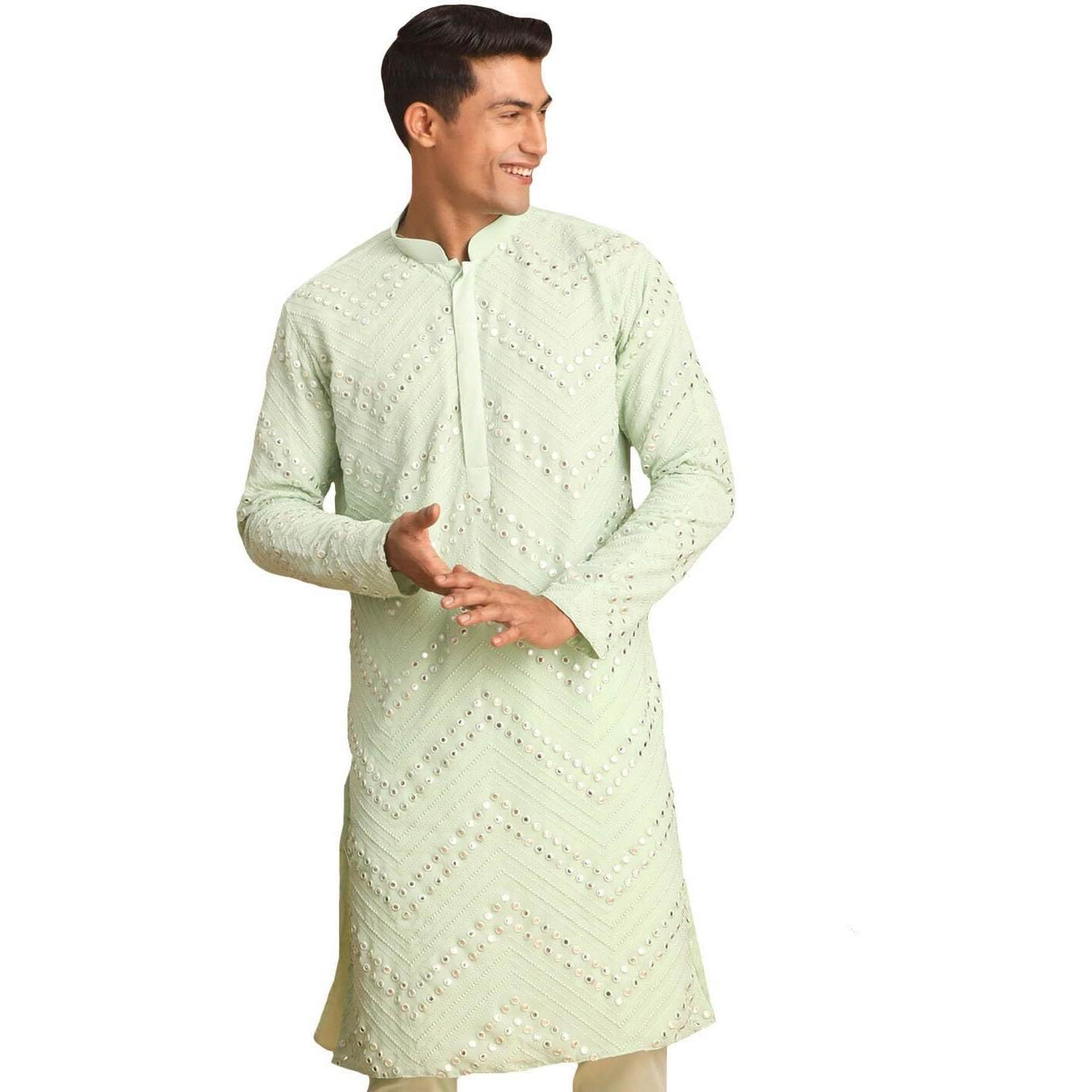 VASTRAMAY Men's Aqua Georgette Kurta Pyjama Set | Mirror Work Georgette Kurta for Men. | Timeless Elegance for Festivals & Events | Classic Design, Premium Comfort, and Versatile Style