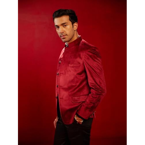 VASTRAMAY Men's Maroon velvet Jodhpuri | Maroon Velvet Jodhpuri Bandhgala For Men