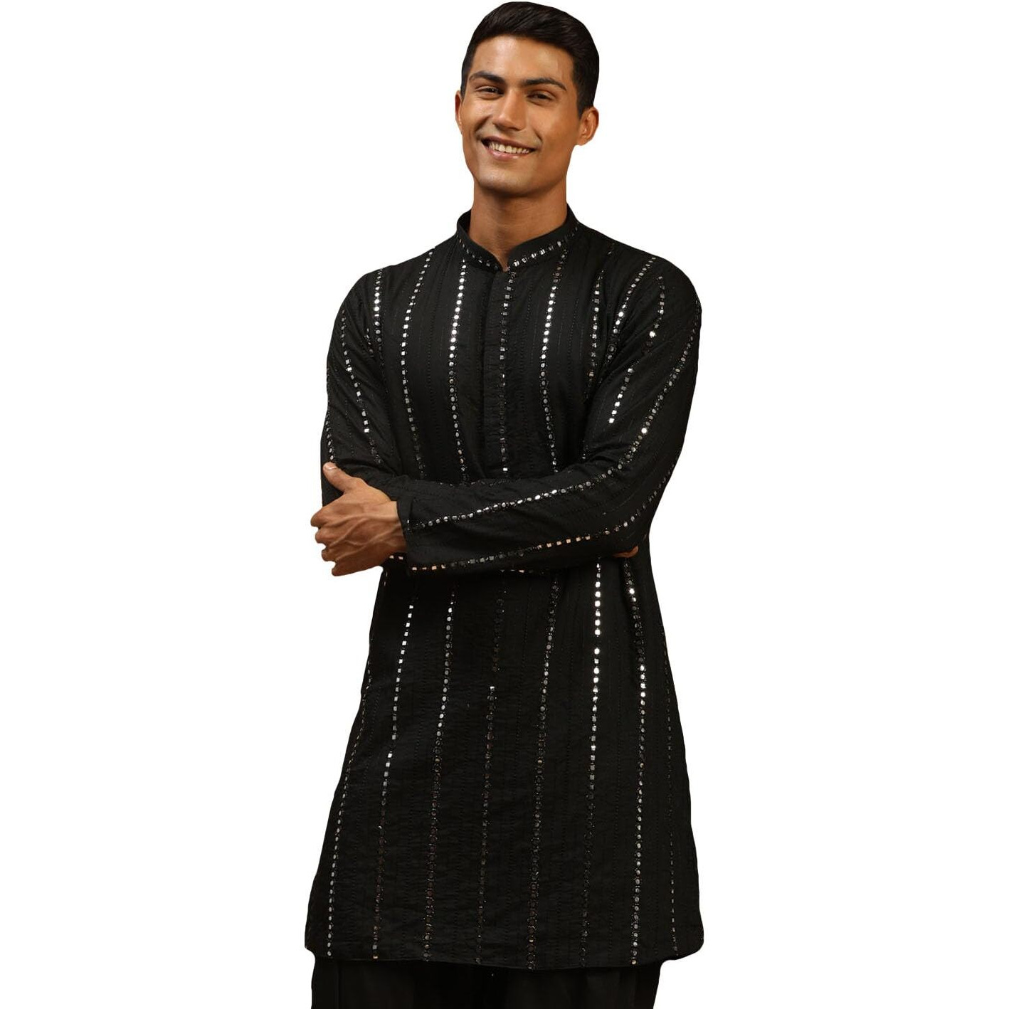 VASTRAMAY Men's Black Viscose Kurta | Mirror Work Embellished Viscose Kurta for Men. | Timeless Elegance for Festivals & Events | Classic Design, Premium Comfort, and Versatile Style
