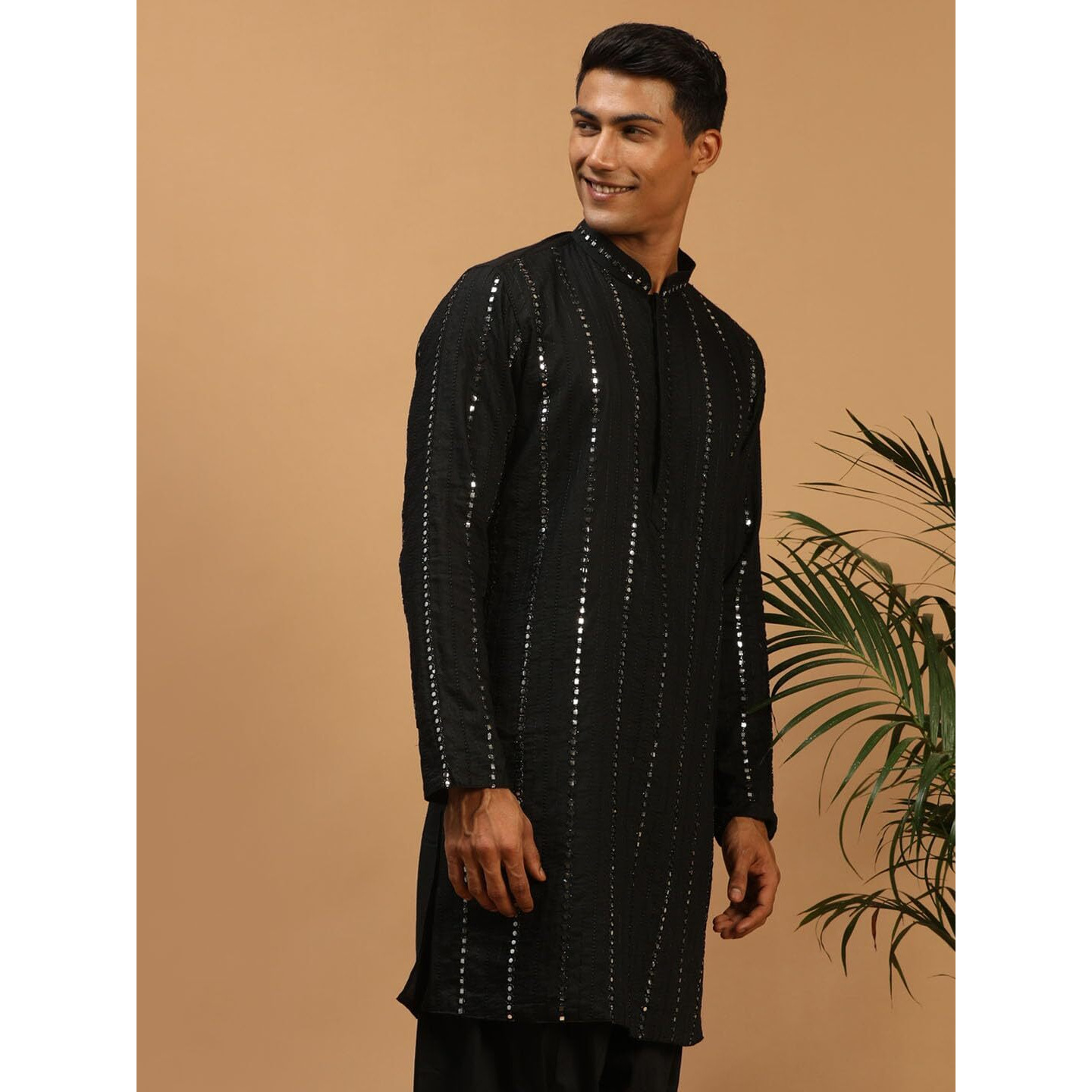 VASTRAMAY Men's Black Viscose Kurta | Mirror Work Embellished Viscose Kurta for Men. | Timeless Elegance for Festivals & Events | Classic Design, Premium Comfort, and Versatile Style
