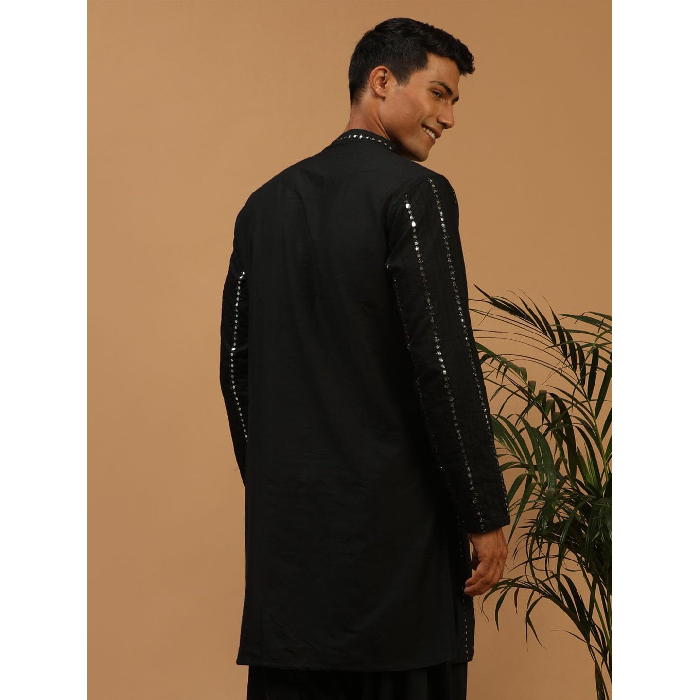 VASTRAMAY Men's Black Viscose Kurta | Mirror Work Embellished Viscose Kurta for Men. | Timeless Elegance for Festivals & Events | Classic Design, Premium Comfort, and Versatile Style
