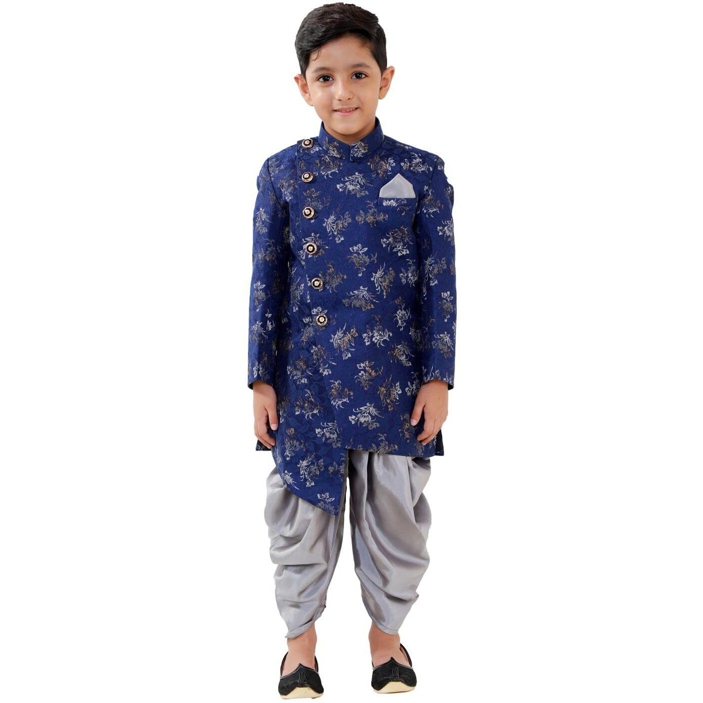 JBN Creation Boys' Blue And Grey Silk Blend Indowestern Sherwani And Dhoti Set_JBNBIW023BUnCDSR_36