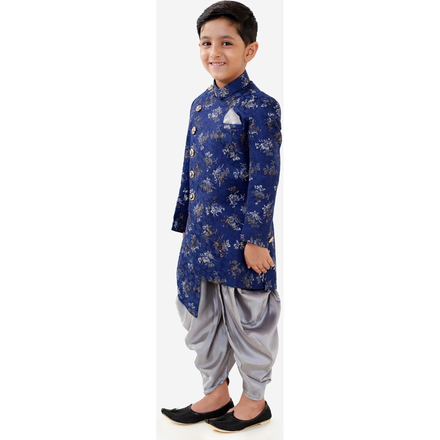 JBN Creation Boys' Blue And Grey Silk Blend Indowestern Sherwani And Dhoti Set_JBNBIW023BUnCDSR_36