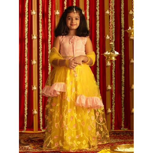 VASTRAMAY Girls' Pink And Yellow Lehenga With Net Ruffle Dupatta_VASGLC038YWnD_20