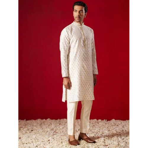 VASTRAMAY Men's Cream Silk Blend Kurta and Pyjama Set - M_VASMK286CRnPANT011CR_38