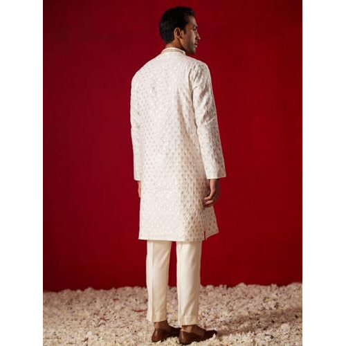 VASTRAMAY Men's Cream Silk Blend Kurta and Pyjama Set - M_VASMK286CRnPANT011CR_38