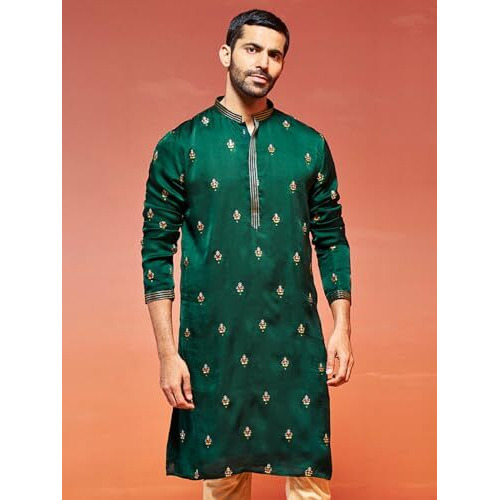 VASTRAMAY Men's Bottle Green Silk Blend Kurta | Silk Blend Embroidered KurtaFor Men.