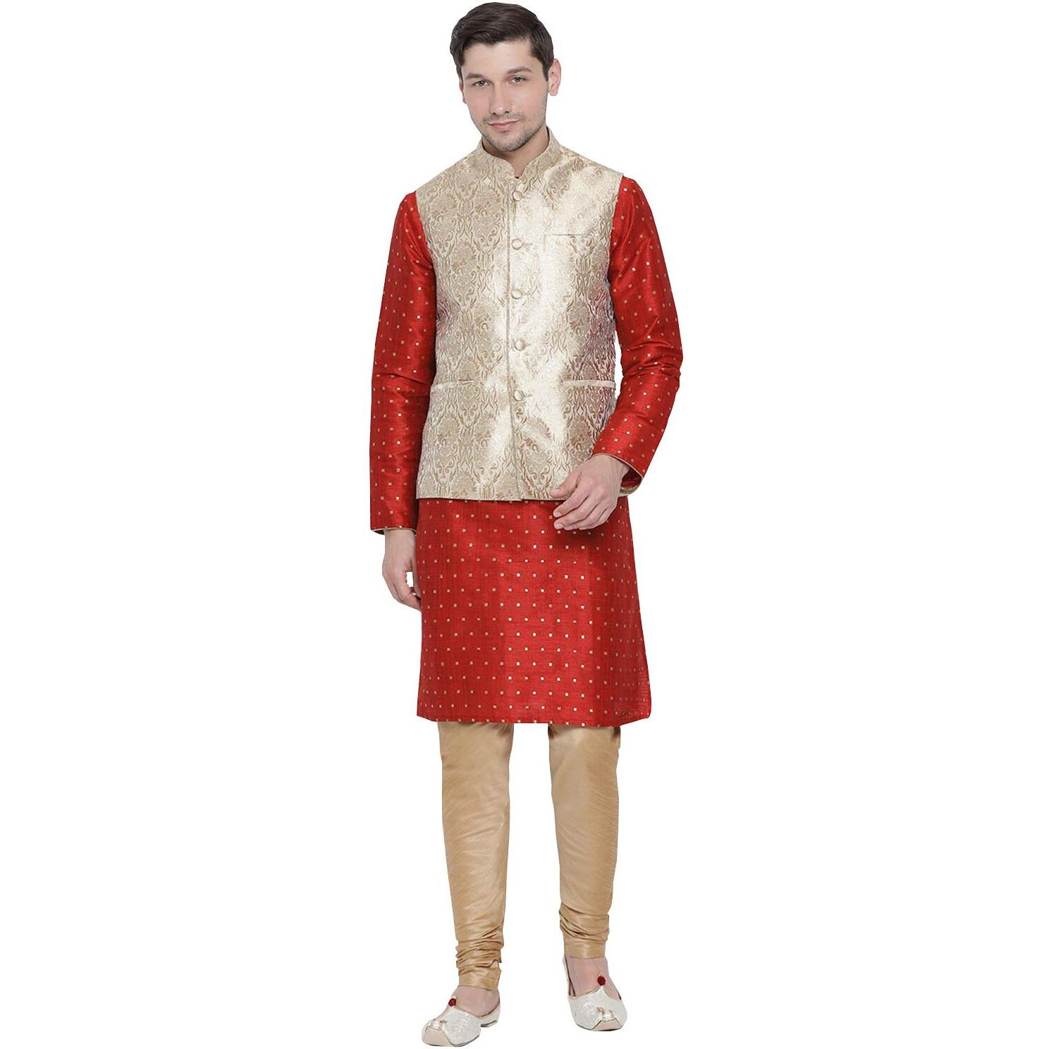 VASTRAMAY Men's Maroon Cotton Silk Blend Kurta, Ethnic Jacket and Pyjama Set_VASMJ024RGnMK023MAnPRG_38
