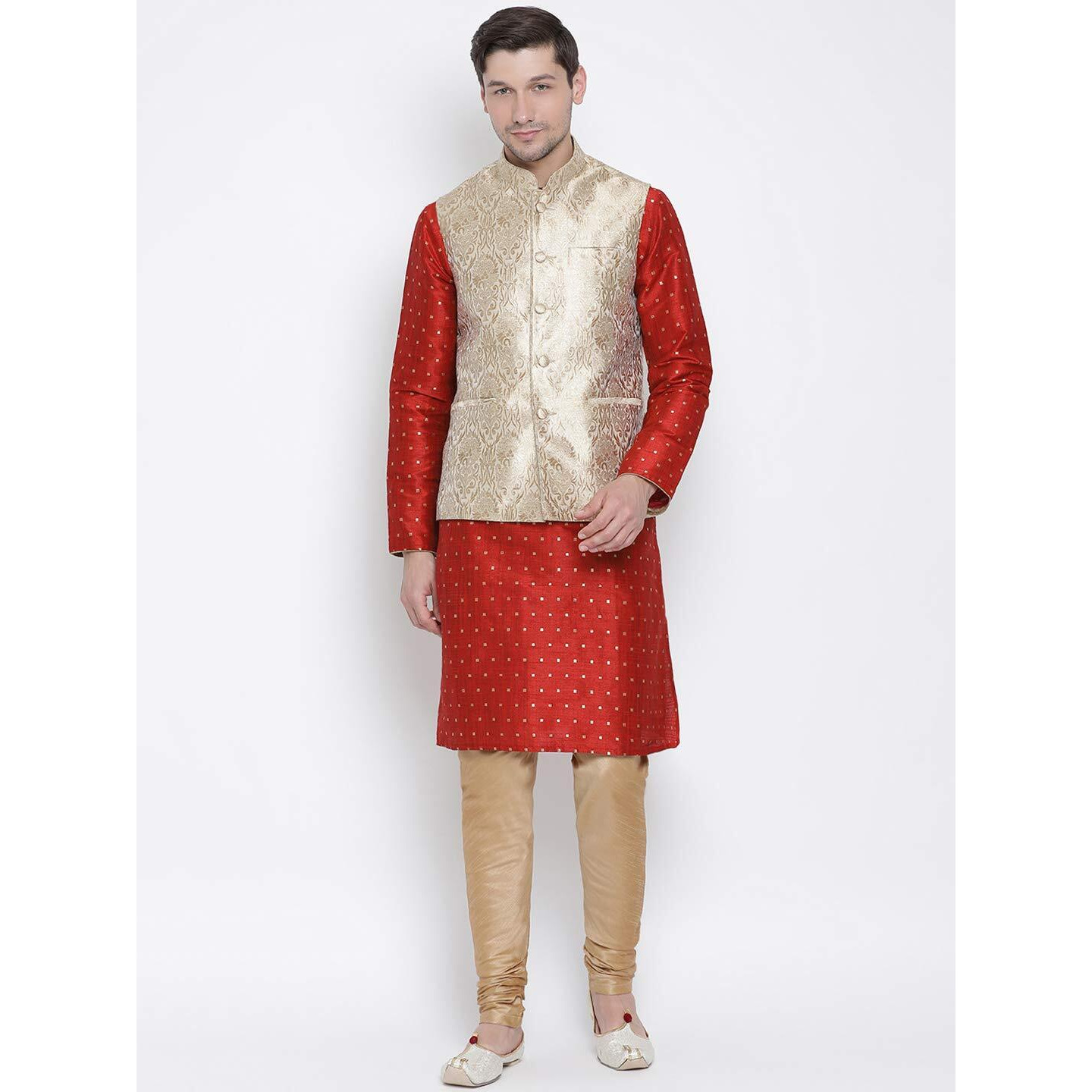 VASTRAMAY Men's Maroon Cotton Silk Blend Kurta, Ethnic Jacket and Pyjama Set_VASMJ024RGnMK023MAnPRG_38