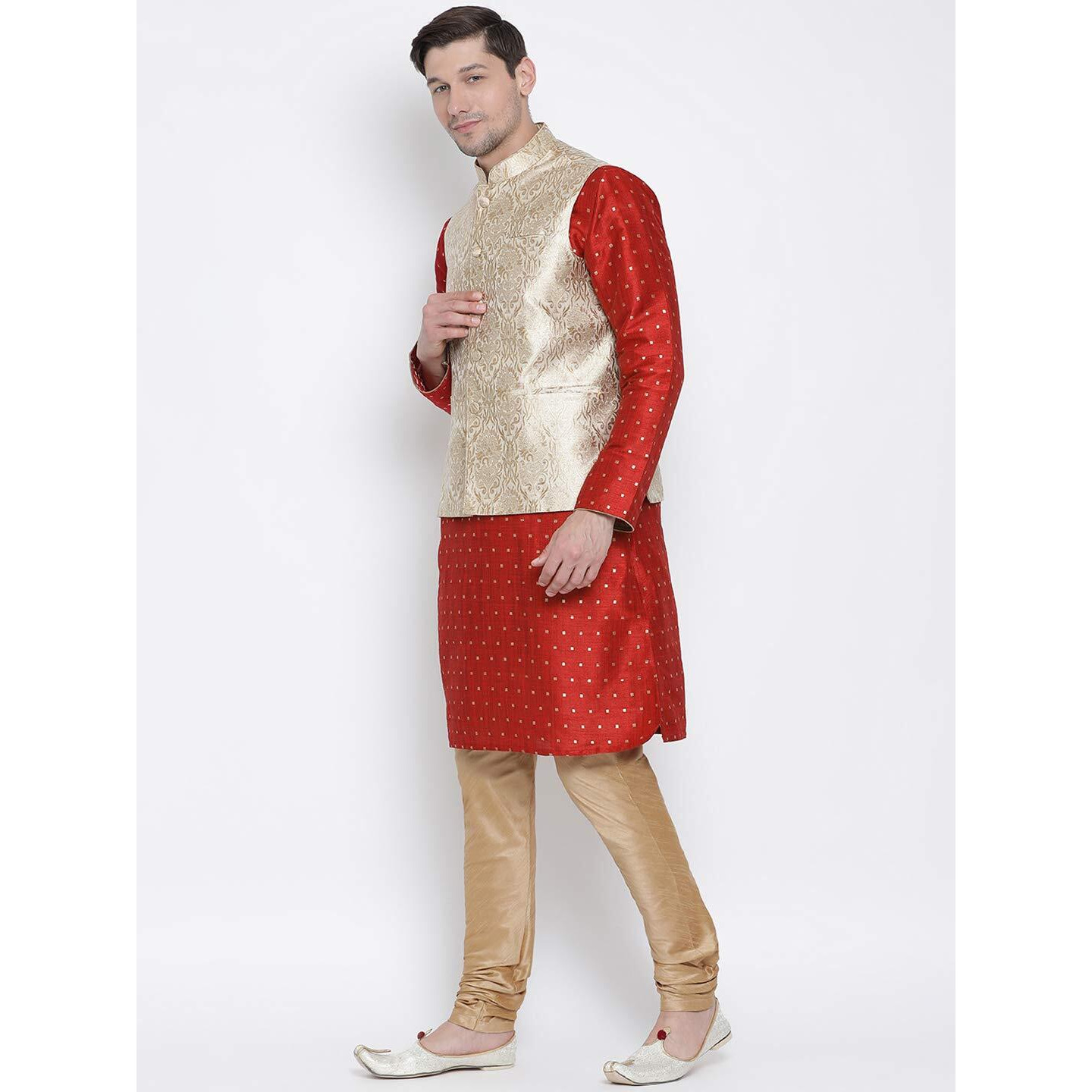 VASTRAMAY Men's Maroon Cotton Silk Blend Kurta, Ethnic Jacket and Pyjama Set_VASMJ024RGnMK023MAnPRG_38