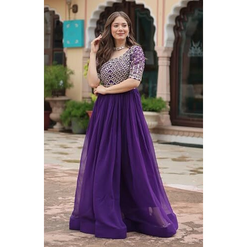 Wedani Faux Georgette Sequins-Work Anarkali Kurta Set for Women (in, Alpha, XL, Regular, Purple)
