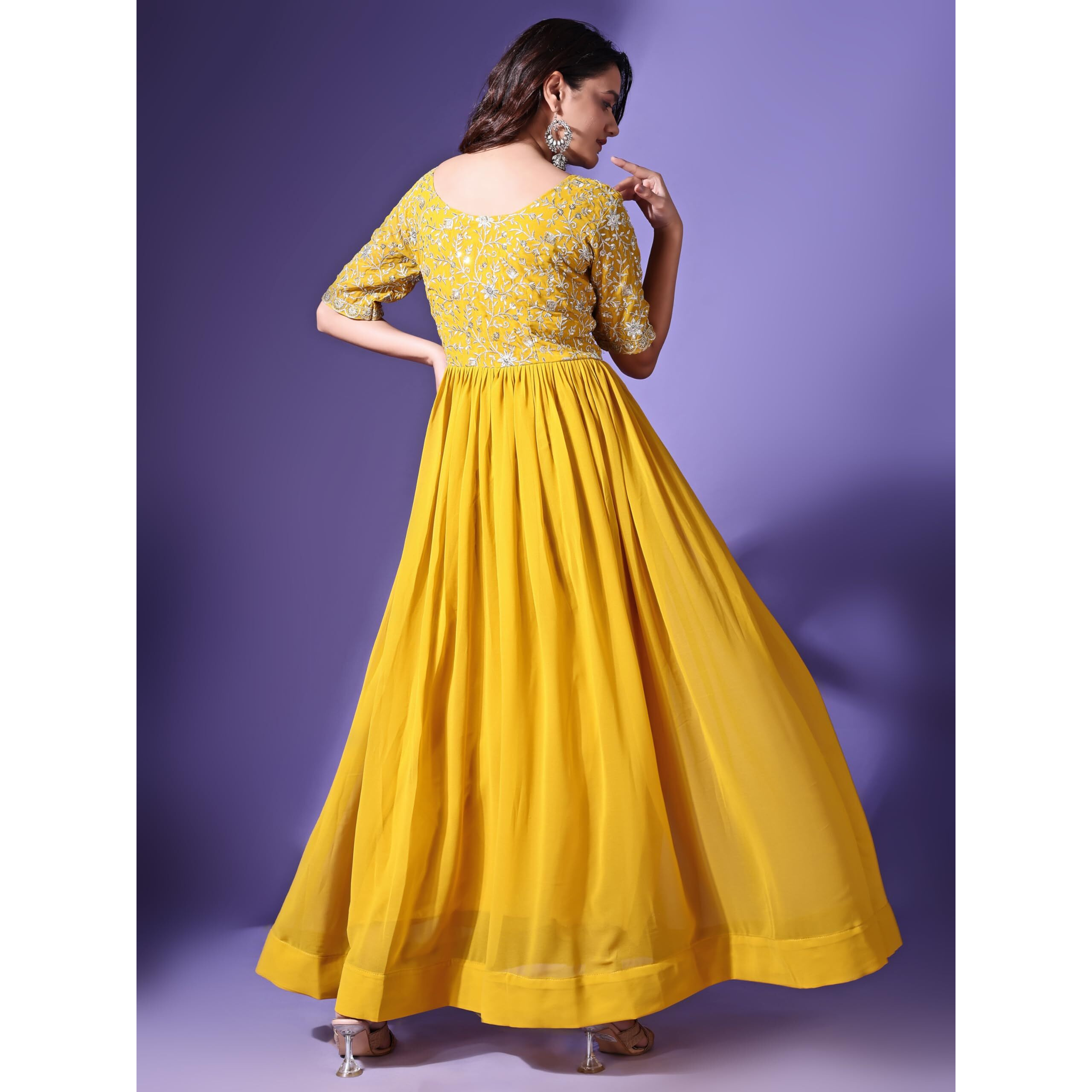 Wedani Georgette Embroidered Long Gown for Women Yellow