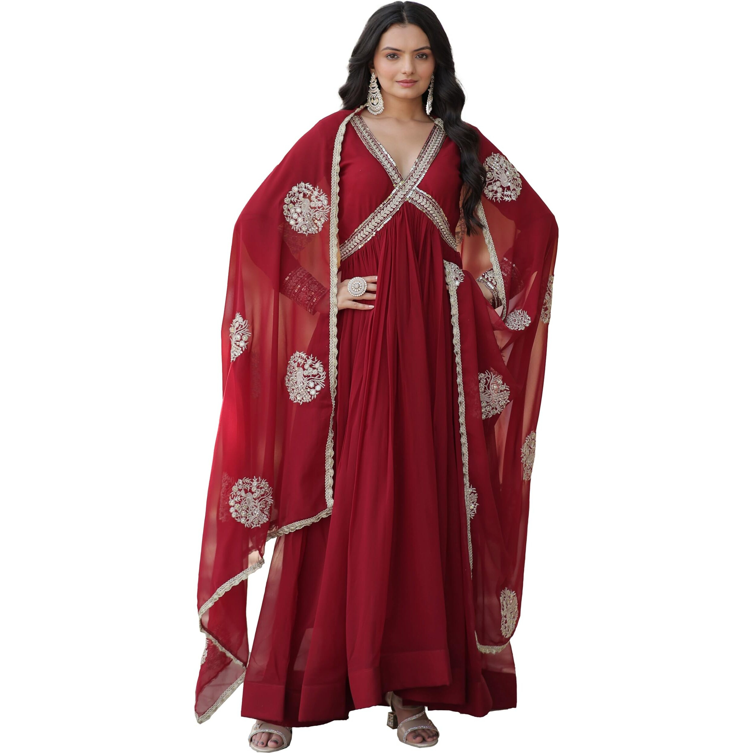Wedani Georgette Sequins-work Anarkali Kurta Set For women (IN, Alpha, L, Regular, MAROON)