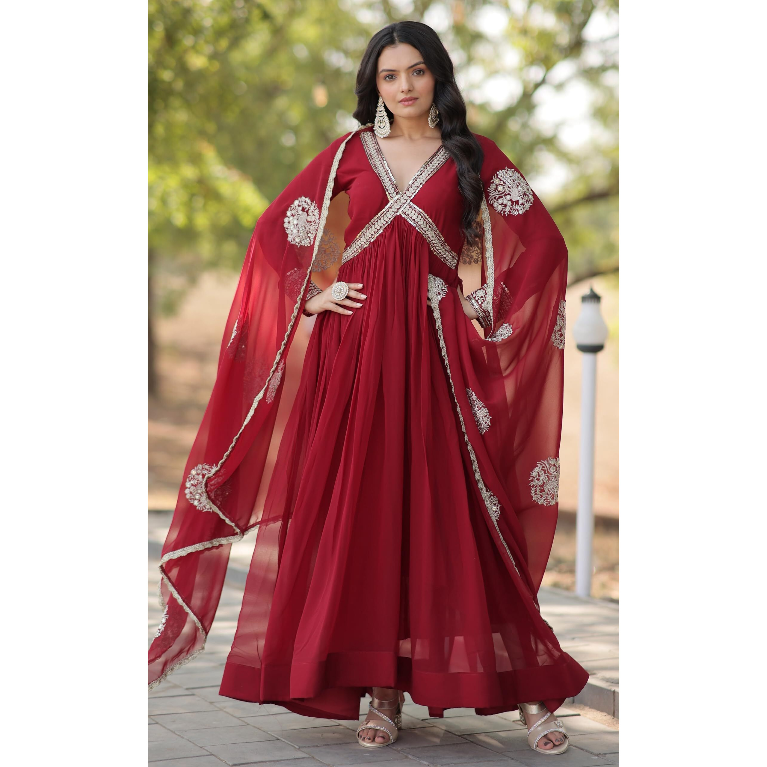 Wedani Georgette Sequins-work Anarkali Kurta Set For women (IN, Alpha, L, Regular, MAROON)