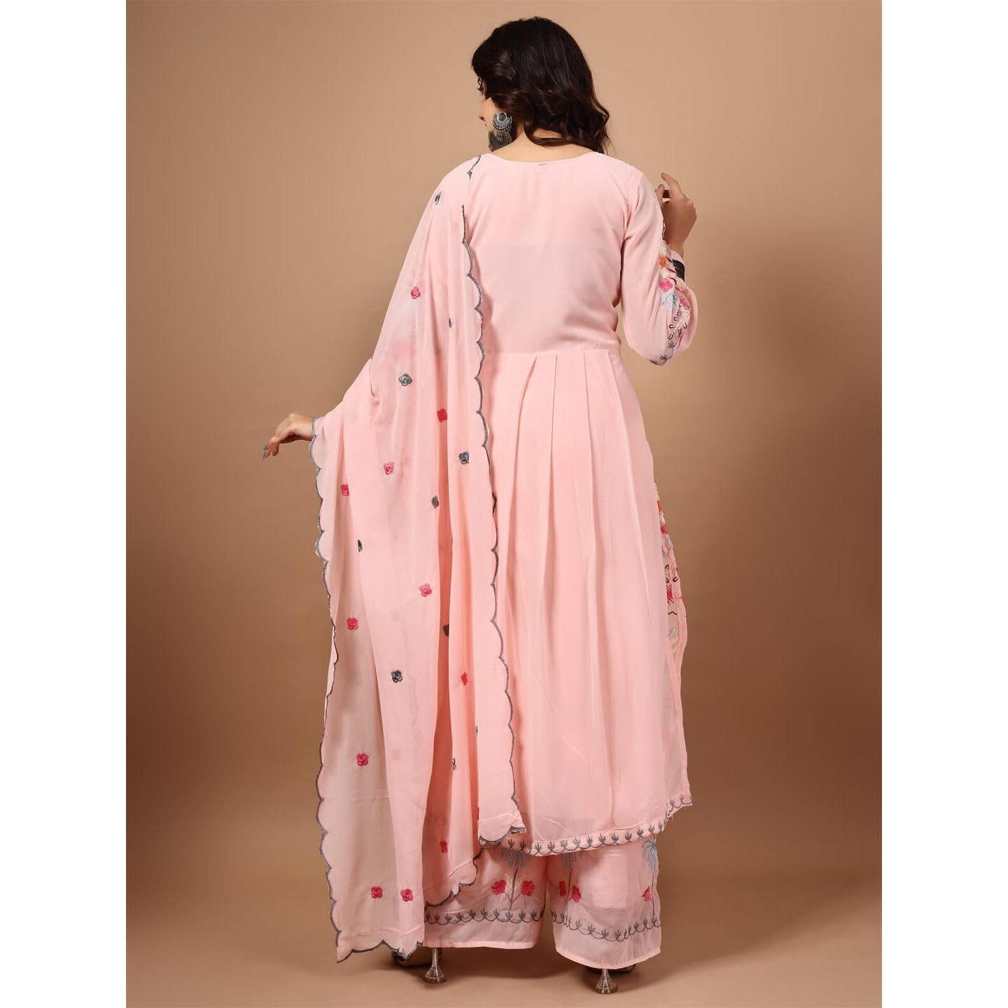 Wedani Faux Georgette Embroidered Kurta Set with Duptta for Women (in, Alpha, L, Regular, Peach)
