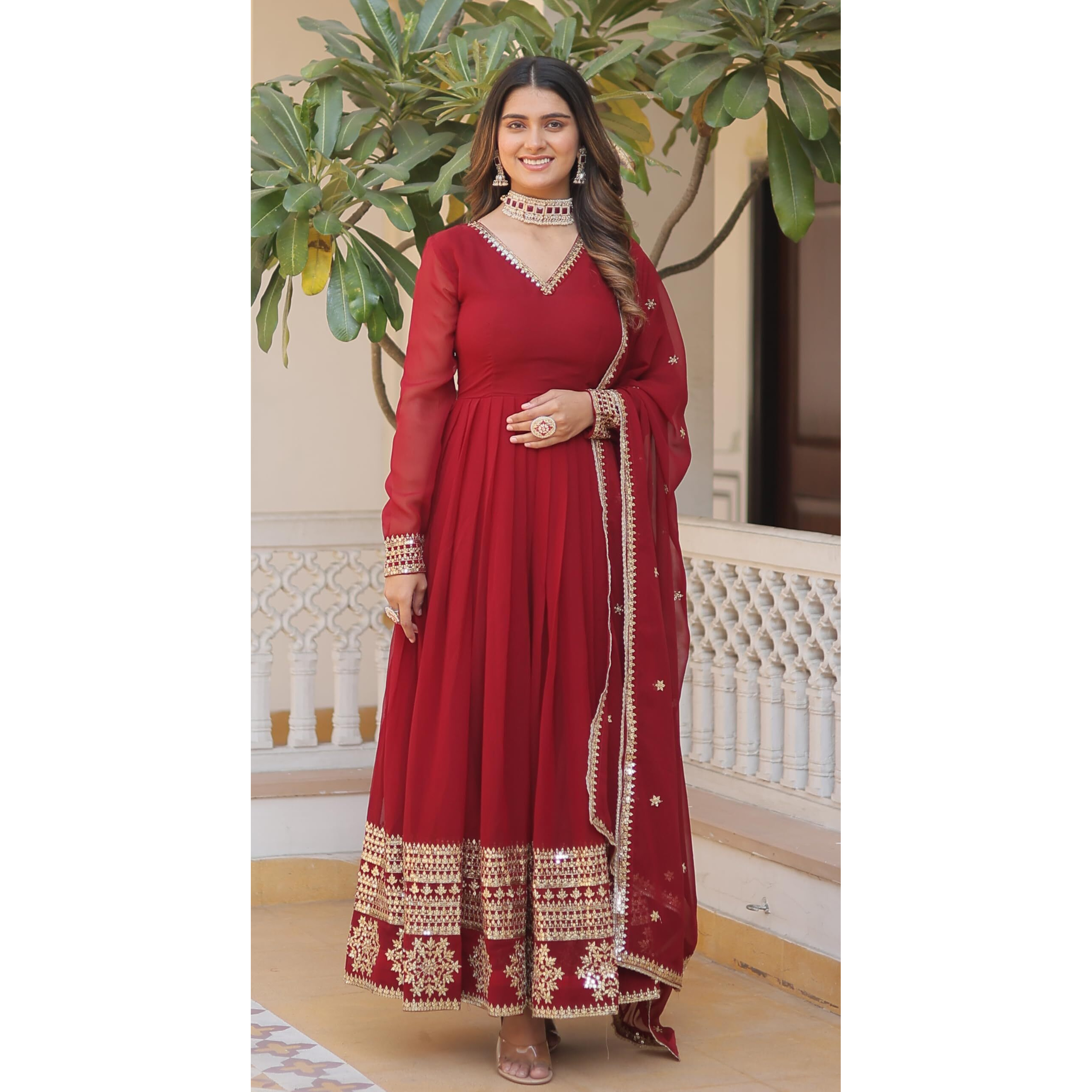 Wedani Georgette Embroidered Anarkali Kurta Set for Women (in, Alpha, S, Regular, Maroon)