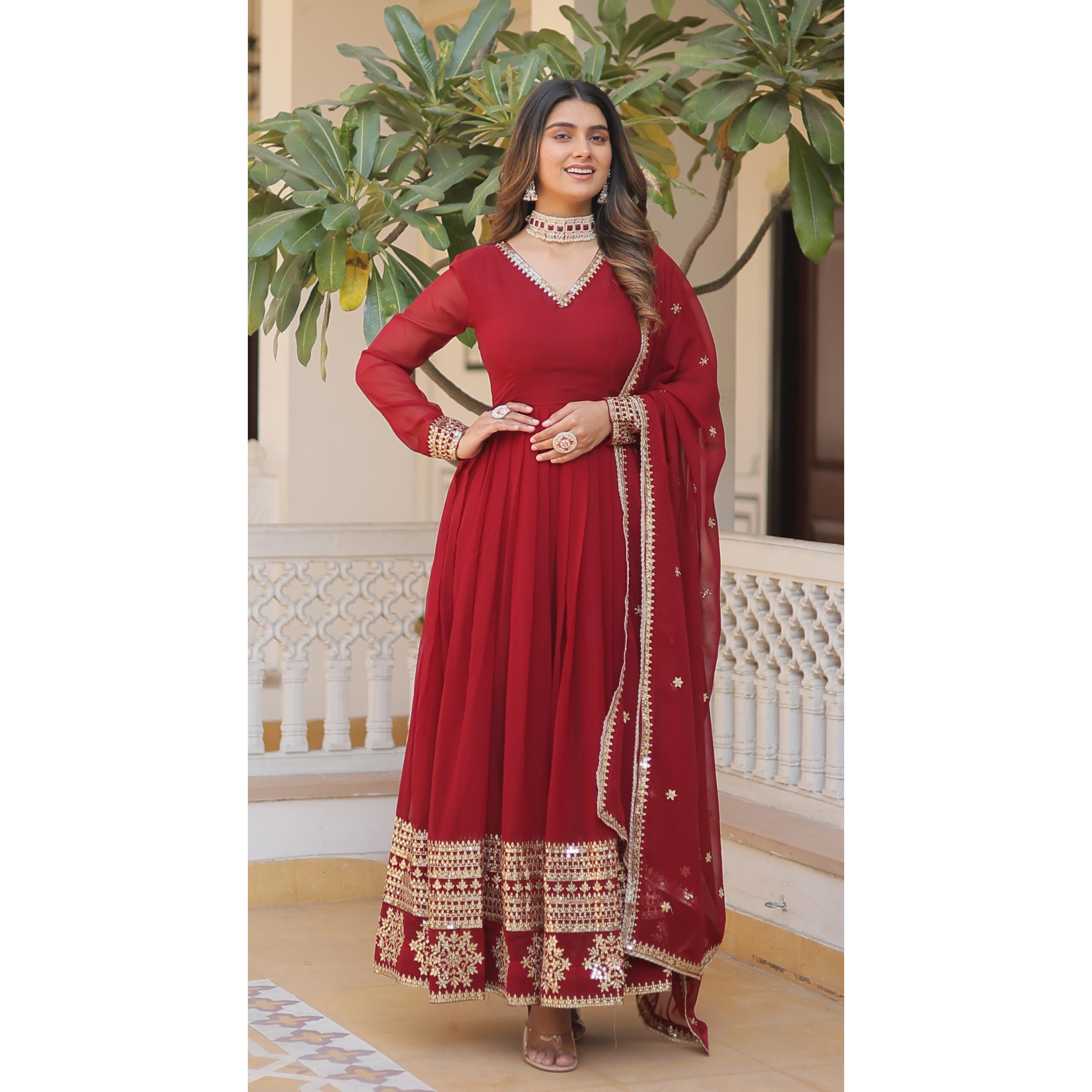 Wedani Georgette Embroidered Anarkali Kurta Set for Women (in, Alpha, S, Regular, Maroon)
