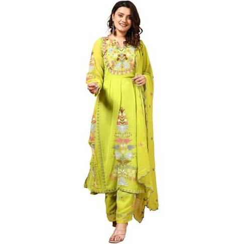 Wedani Faux Georgette Embroidered Kurta Set with Duptta for Women (in, Alpha, XL, Regular, Green)