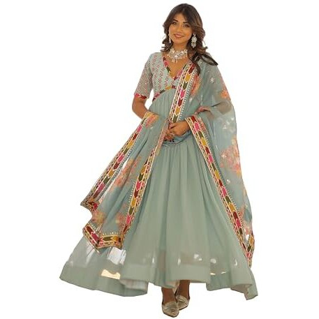 Wedani Georgette Embroidery Zari Sequins-work Anarkali Kurta Set For women (IN, Alpha, XL, Regular, SKY BLUE)