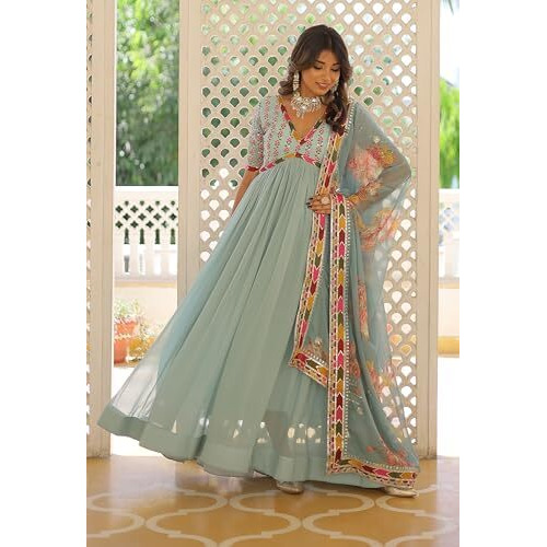 Wedani Georgette Embroidery Zari Sequins-work Anarkali Kurta Set For women (IN, Alpha, XL, Regular, SKY BLUE)