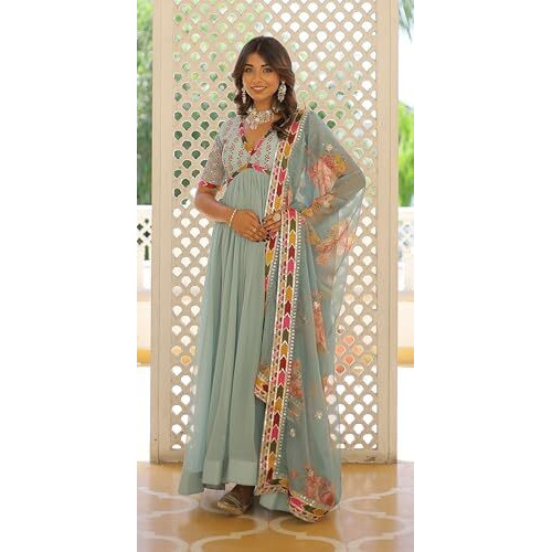 Wedani Georgette Embroidery Zari Sequins-work Anarkali Kurta Set For women (IN, Alpha, XL, Regular, SKY BLUE)