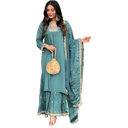 Wedani Silk Embroidered Kurta Set with Duptta for Women Green