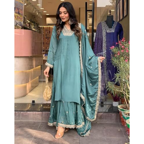 Wedani Silk Embroidered Kurta Set with Duptta for Women Green