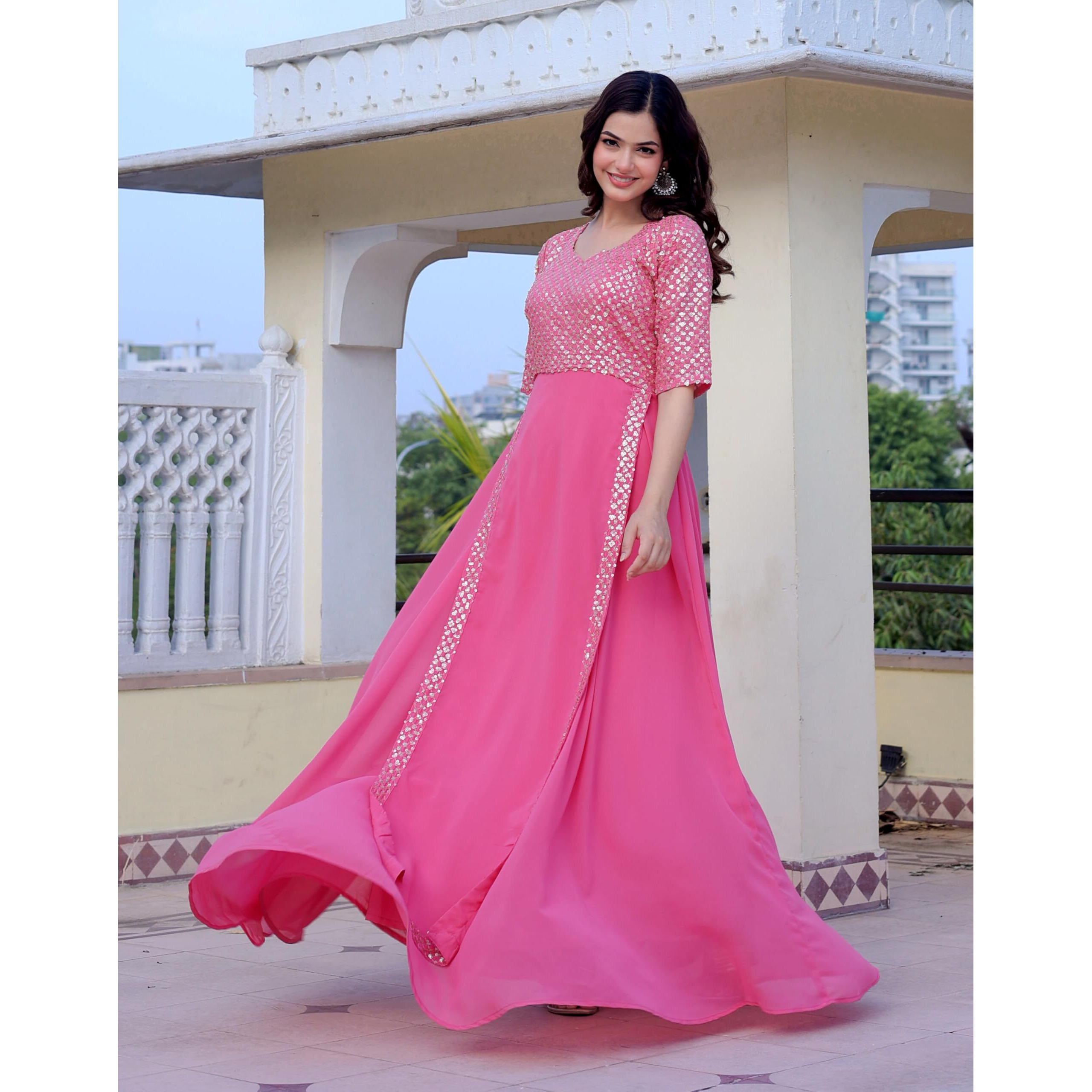 Wedani Faux Georgette Embroidery Sequins work Anarkali Kurta set For women (IN, Alpha, 2XL, Regular, PINK)