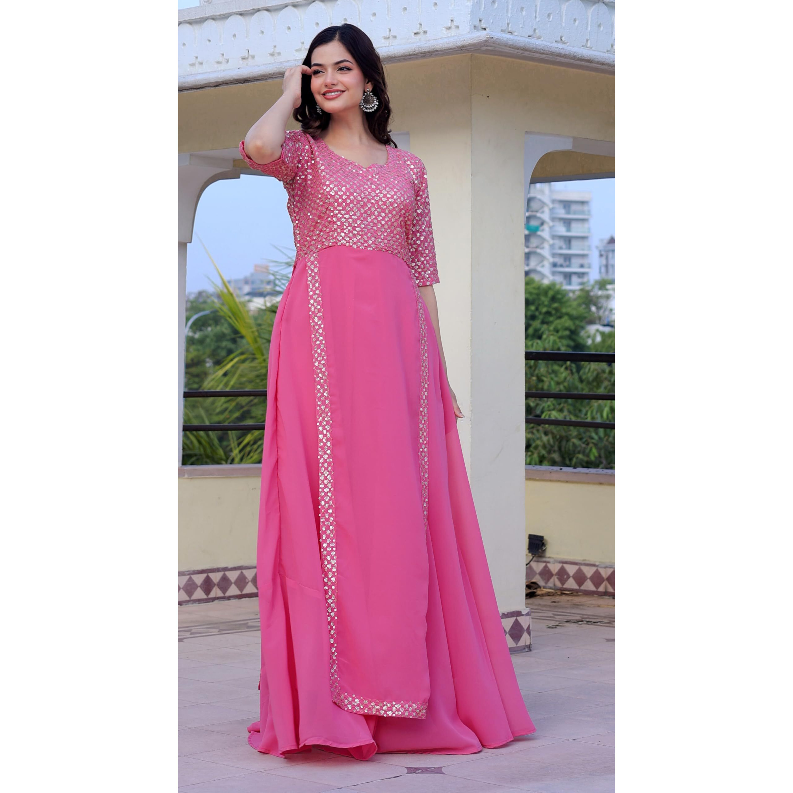Wedani Faux Georgette Embroidery Sequins work Anarkali Kurta set For women (IN, Alpha, 2XL, Regular, PINK)