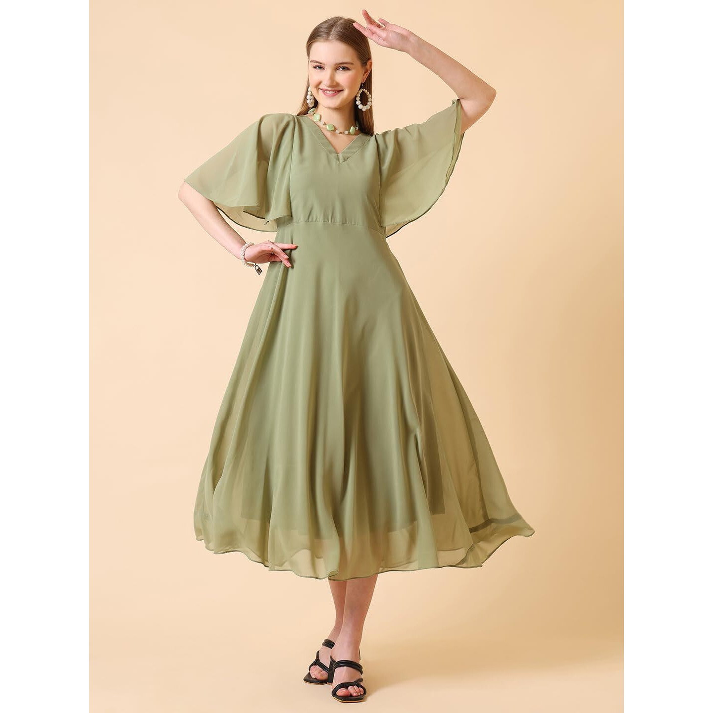 Wedani Georgette Printed One Piece Dress for Women Green