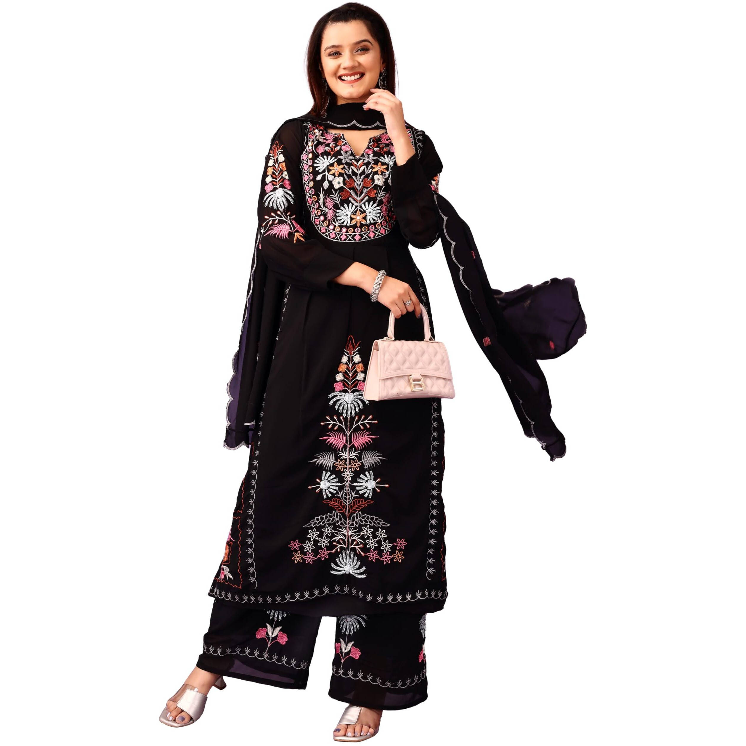 Wedani Faux Georgette Embroidered Kurta Set with Duptta for Women (in, Alpha, S, Regular, Black)