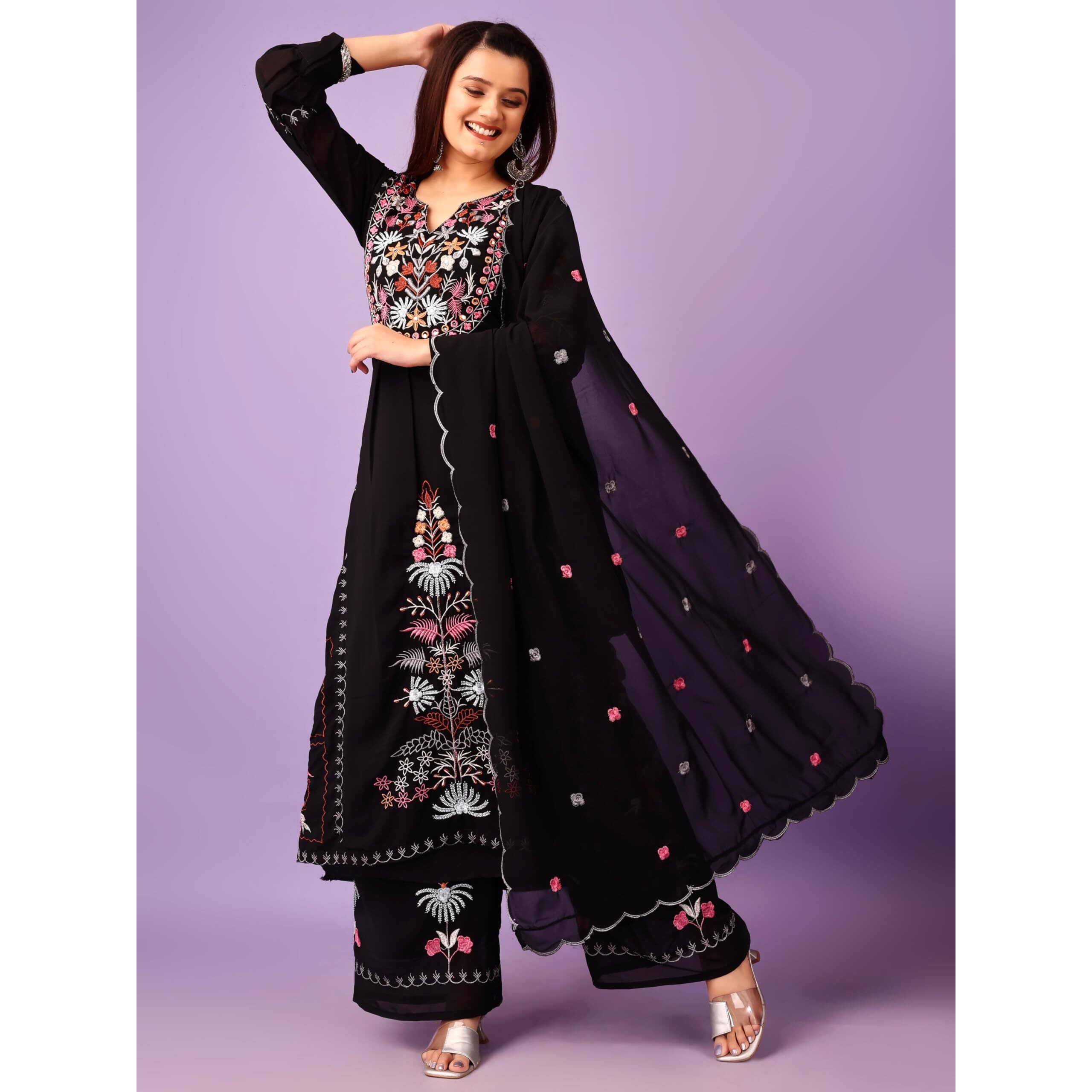 Wedani Faux Georgette Embroidered Kurta Set with Duptta for Women (in, Alpha, S, Regular, Black)