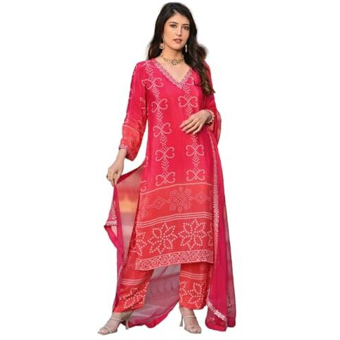 Wedani Soft Chinon Silk Bandhani Print with Sequence Embroidery Lace Border Kurta Pant Set with Dupatta for Women-Red