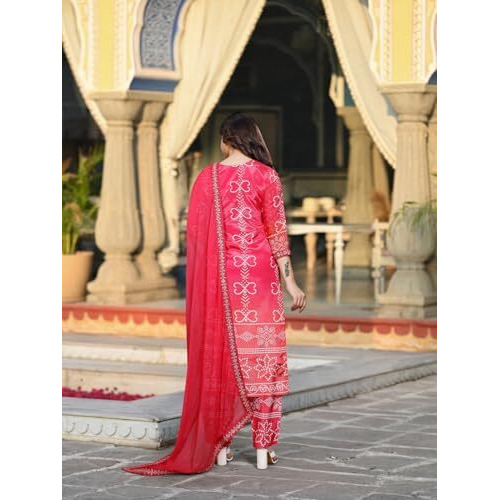 Wedani Soft Chinon Silk Bandhani Print with Sequence Embroidery Lace Border Kurta Pant Set with Dupatta for Women-Red
