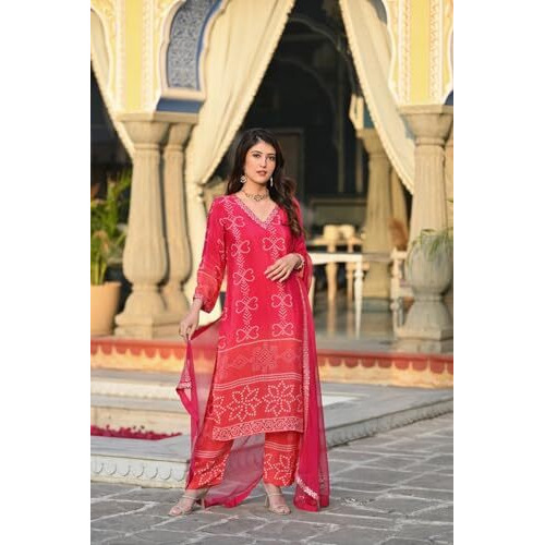 Wedani Soft Chinon Silk Bandhani Print with Sequence Embroidery Lace Border Kurta Pant Set with Dupatta for Women-Red