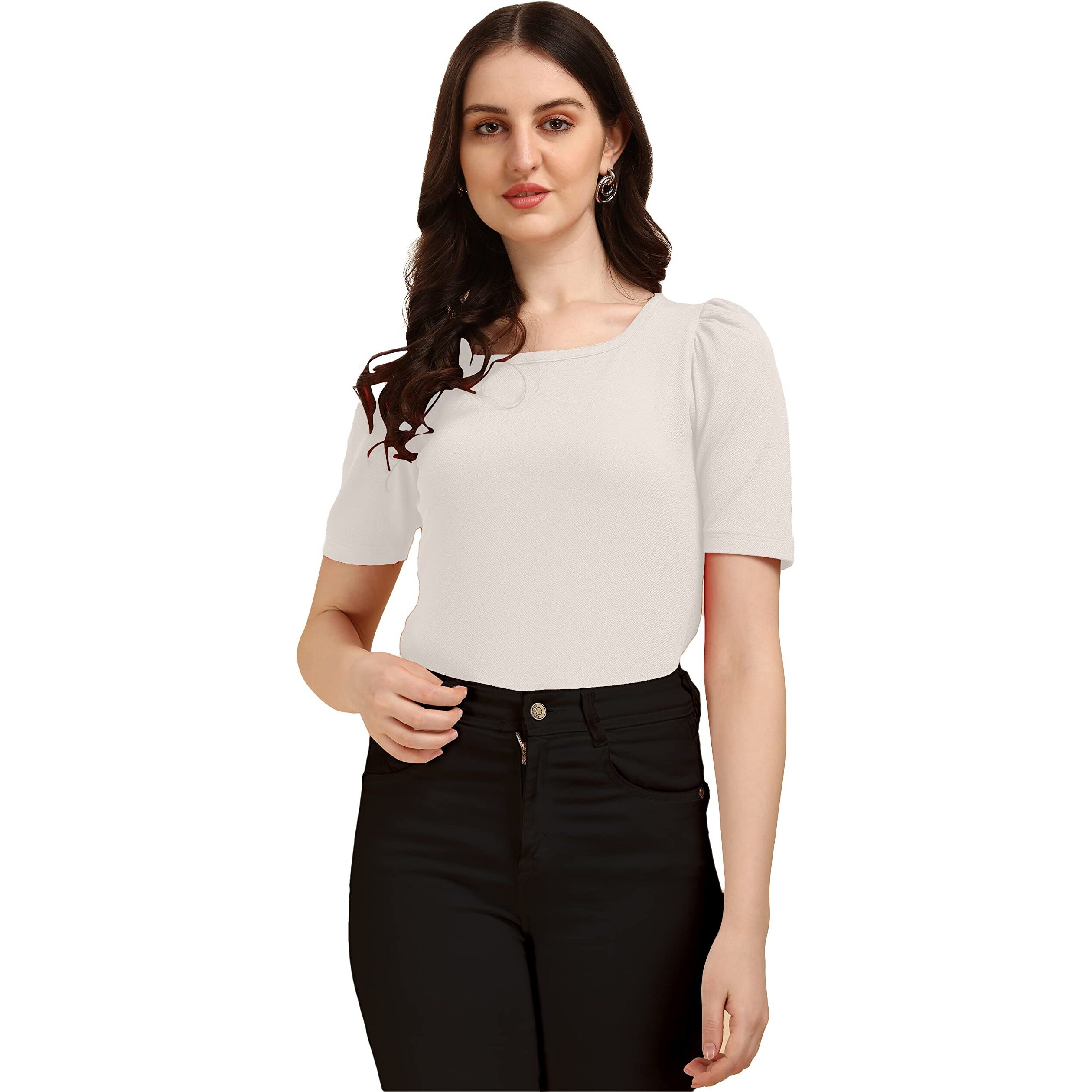 Wedani Women's Casual Regular Puff Sleeves Western Top (X-Large, White)
