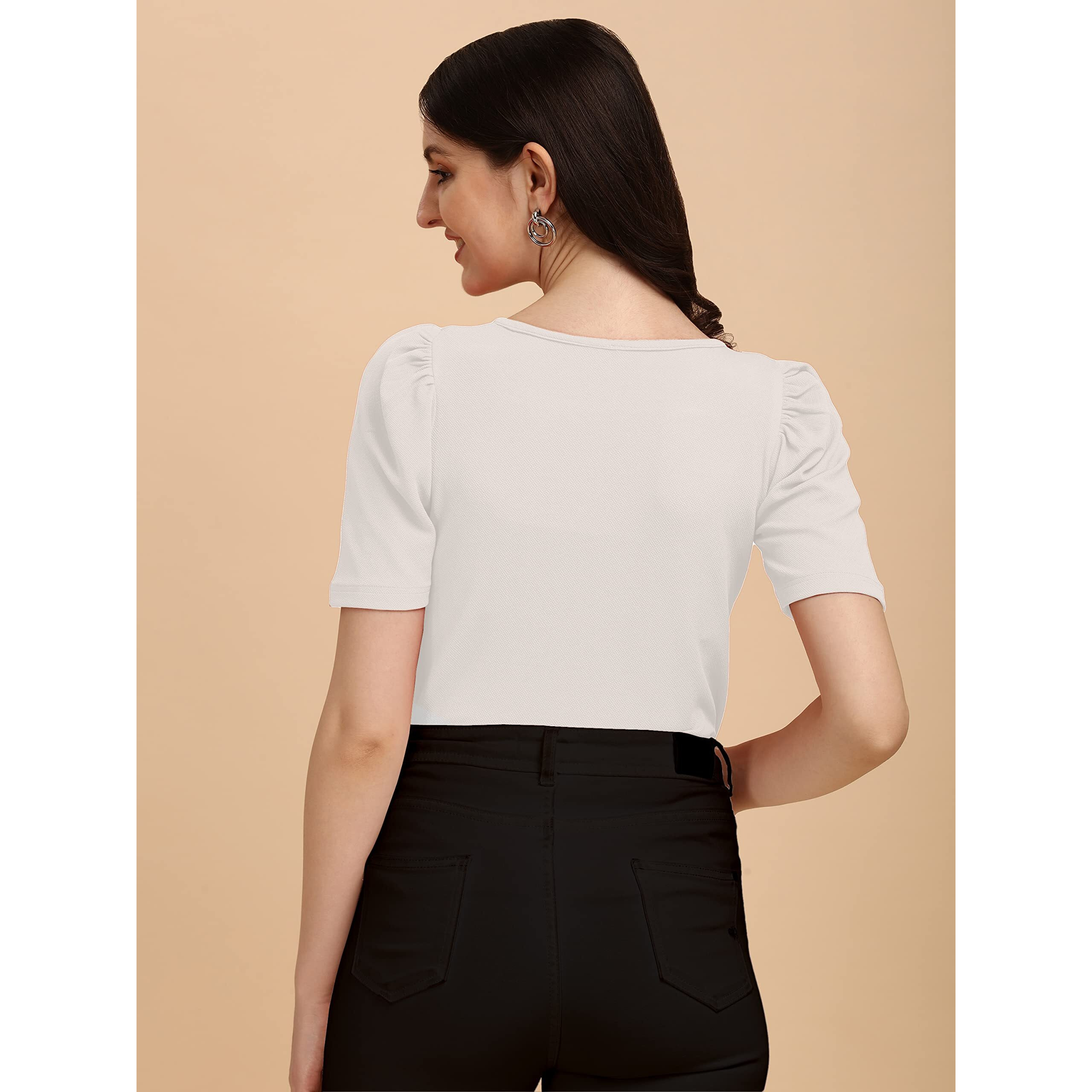 Wedani Women's Casual Regular Puff Sleeves Western Top (X-Large, White)
