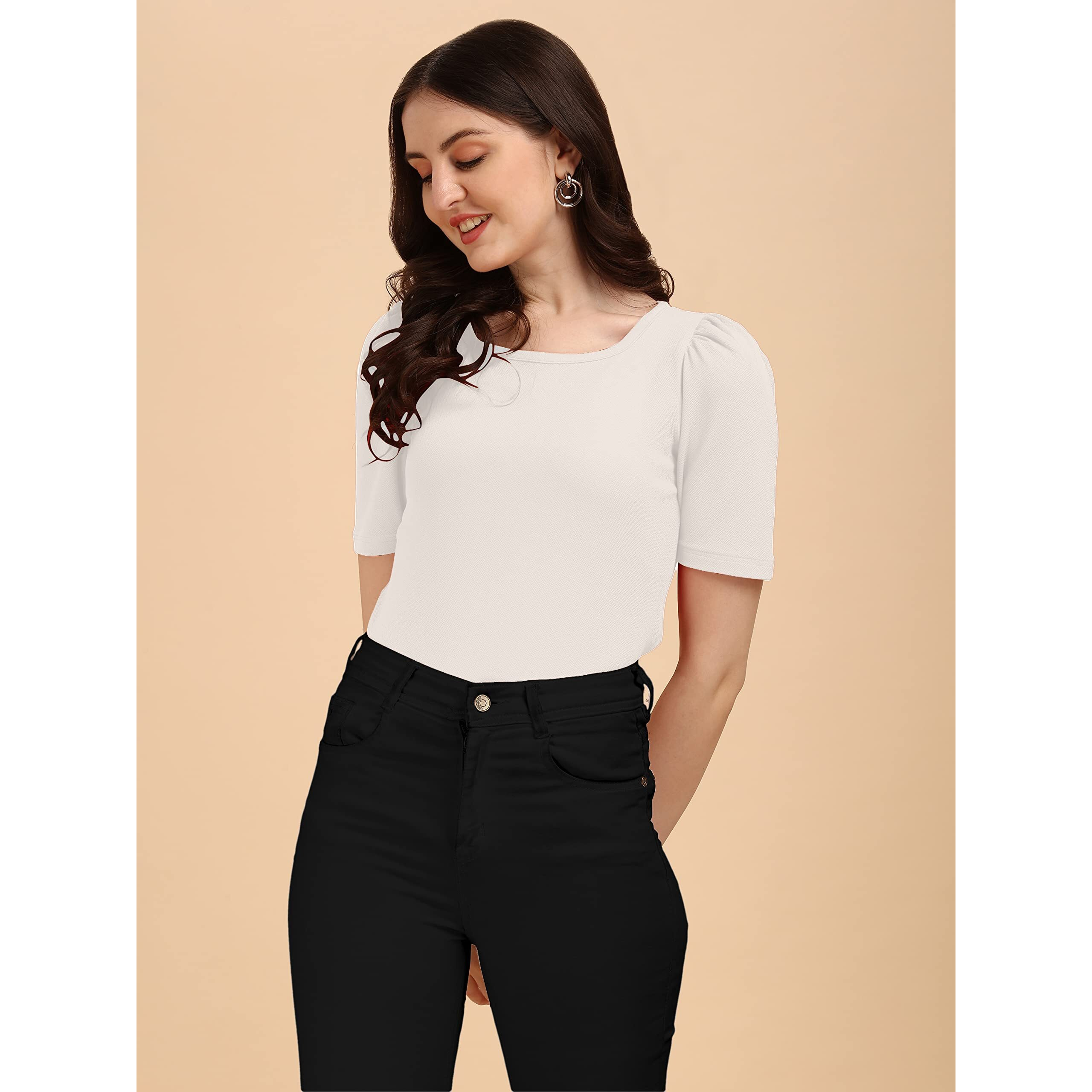 Wedani Women's Casual Regular Puff Sleeves Western Top (X-Large, White)