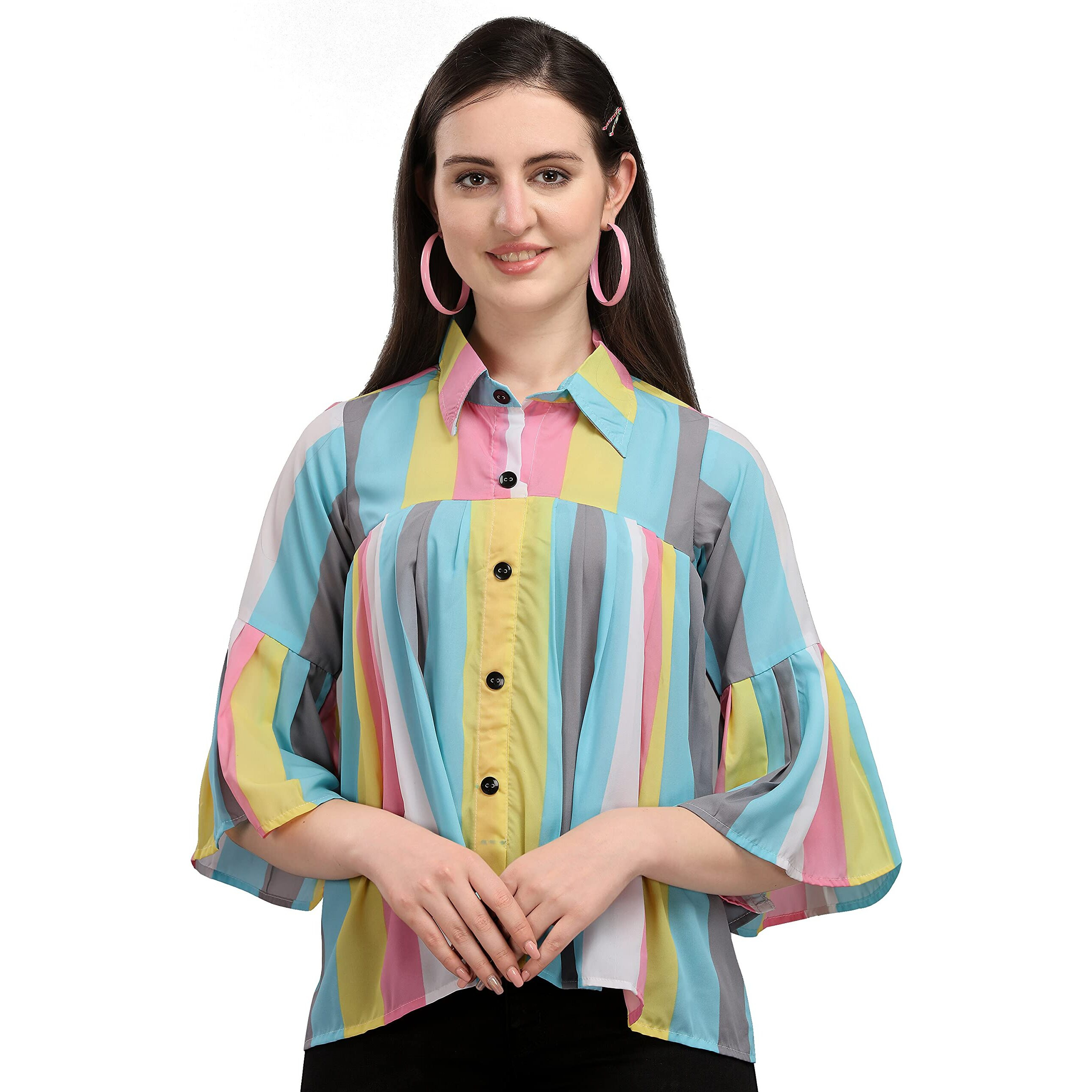 Wedani Women's Casual Bell Sleeves Colour Block Women's Multicolour Top Blue