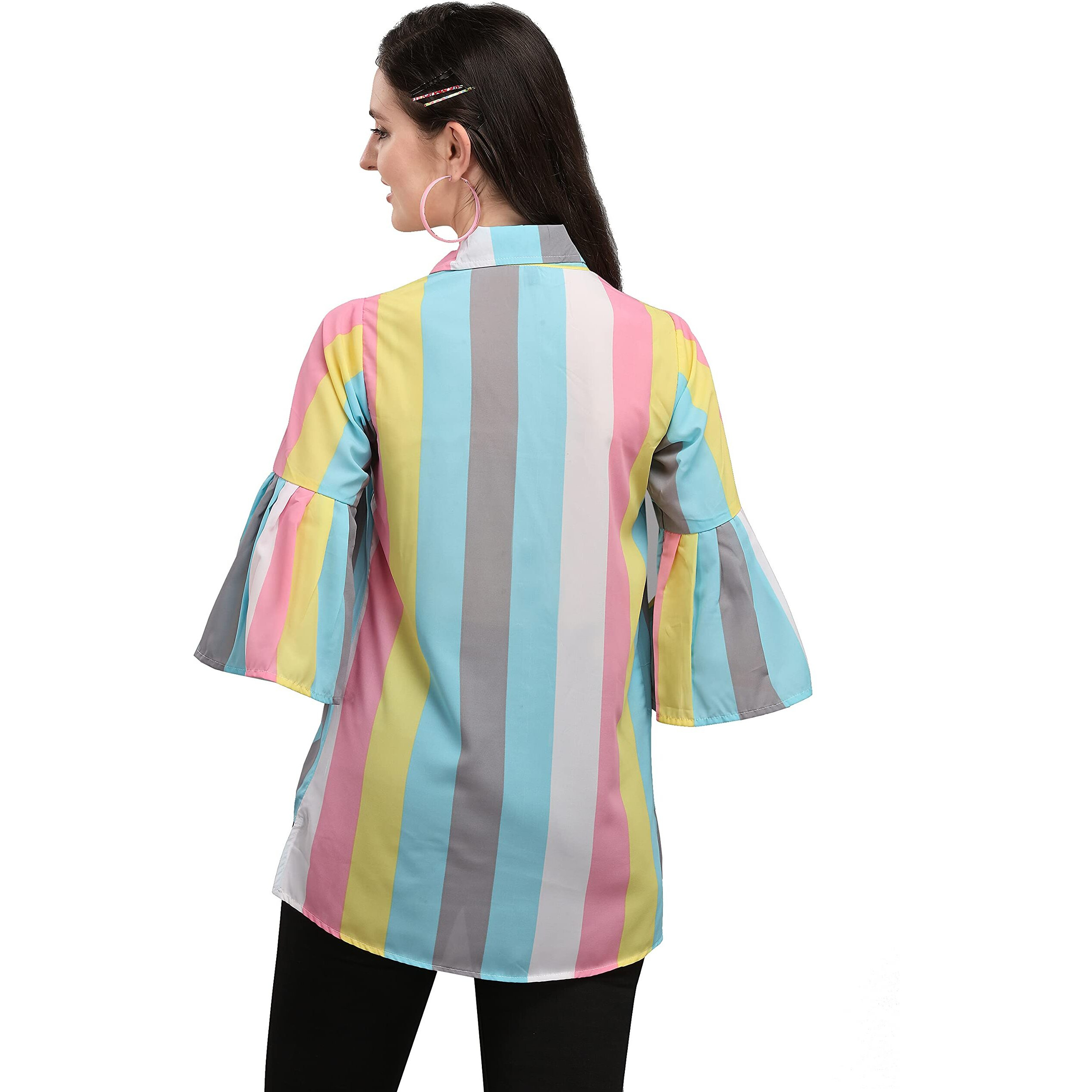 Wedani Women's Casual Bell Sleeves Colour Block Women's Multicolour Top Blue